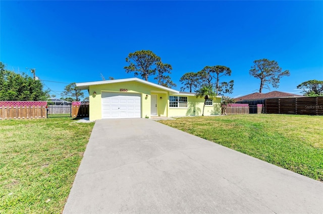 single story home featuring a front lawn, a garage, and fence