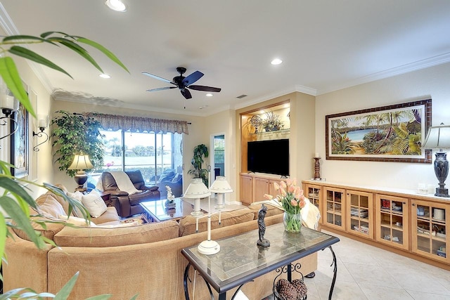 living room featuring light tile patterned floors, a ceiling fan, ornamental molding, and recessed lighting