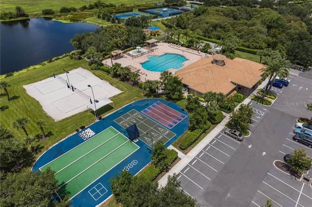 aerial view featuring a water view