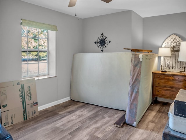 bedroom featuring a ceiling fan, multiple windows, baseboards, and wood finished floors