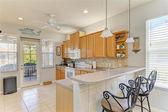 kitchen featuring light countertops, white appliances, open shelves, and decorative backsplash