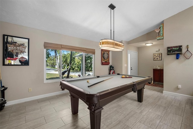 recreation room with baseboards, billiards, and lofted ceiling