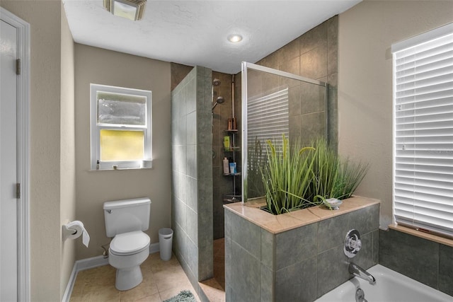 full bath featuring tile patterned flooring, visible vents, a shower stall, toilet, and a garden tub