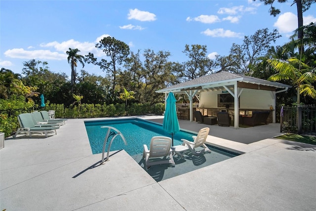 view of swimming pool with fence, a gazebo, outdoor lounge area, a fenced in pool, and a patio area