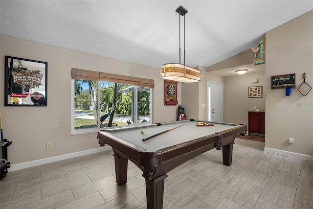 recreation room featuring pool table, baseboards, lofted ceiling, and wood tiled floor