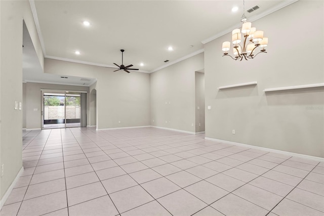 unfurnished living room with baseboards, ornamental molding, visible vents, and ceiling fan with notable chandelier