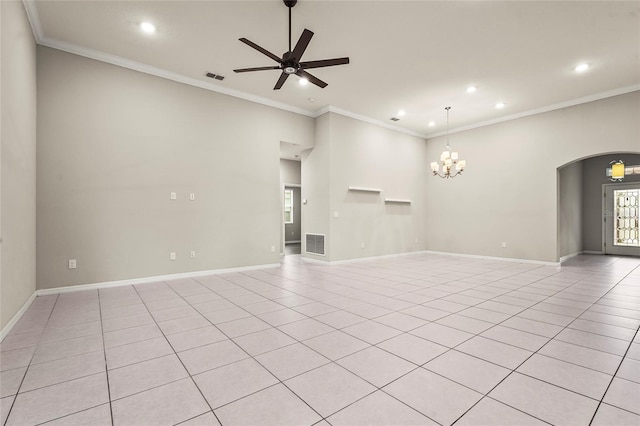 unfurnished living room featuring arched walkways, ornamental molding, visible vents, and ceiling fan with notable chandelier