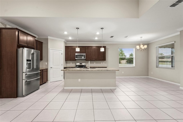 kitchen with visible vents, crown molding, appliances with stainless steel finishes, dark brown cabinetry, and a sink