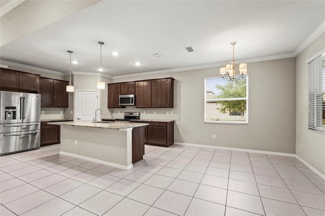 kitchen with visible vents, crown molding, appliances with stainless steel finishes, and dark brown cabinets