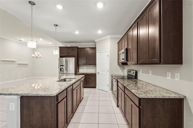 kitchen featuring a sink, appliances with stainless steel finishes, light tile patterned floors, ornamental molding, and dark brown cabinets