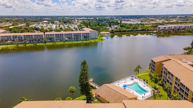 bird's eye view with a water view