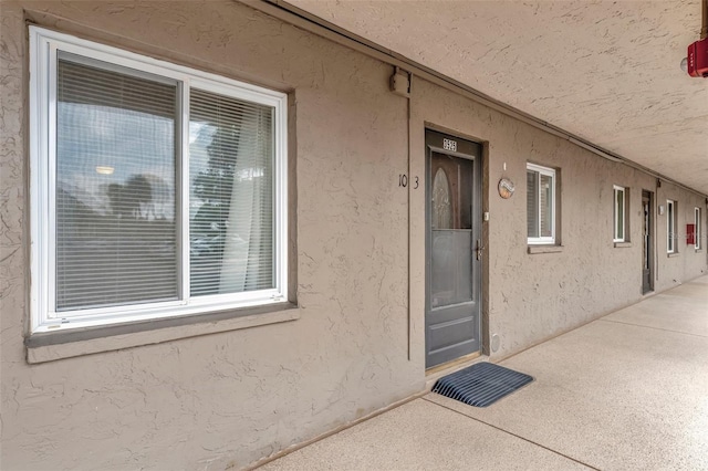 doorway to property featuring stucco siding