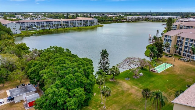 drone / aerial view with a water view