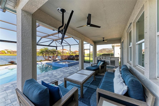 view of patio featuring glass enclosure, an outdoor living space, area for grilling, a pool with connected hot tub, and ceiling fan