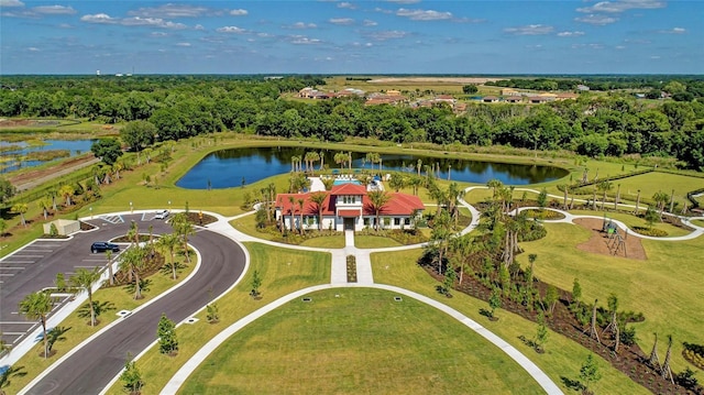 drone / aerial view featuring a water view