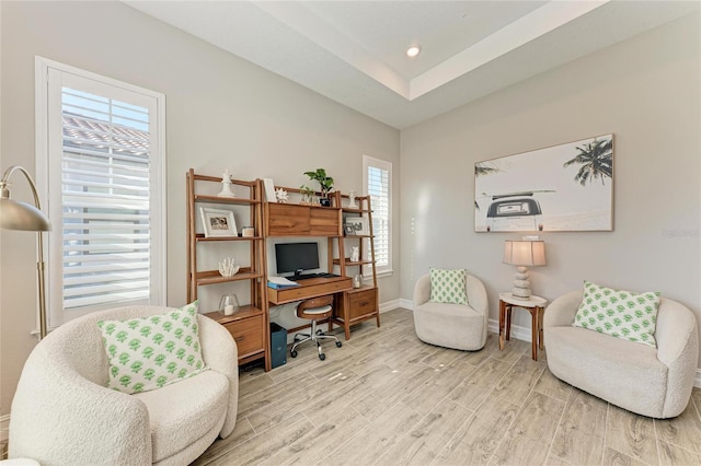 home office with recessed lighting, baseboards, and wood finished floors