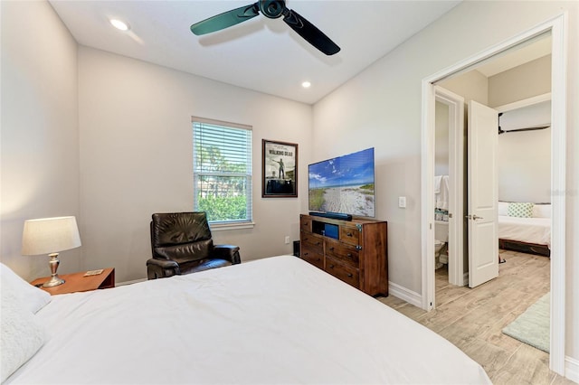 bedroom featuring baseboards, wood finished floors, a ceiling fan, and recessed lighting