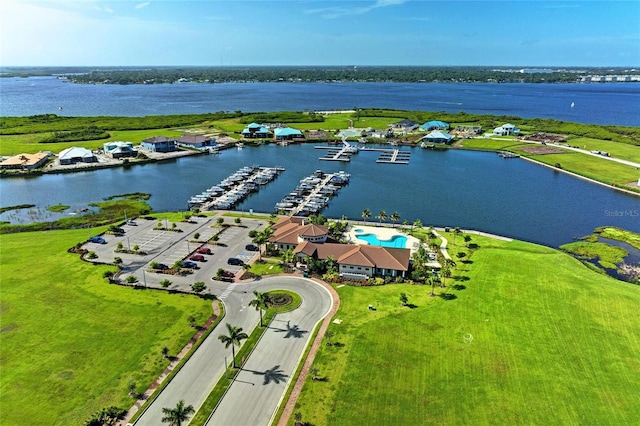 bird's eye view with a water view