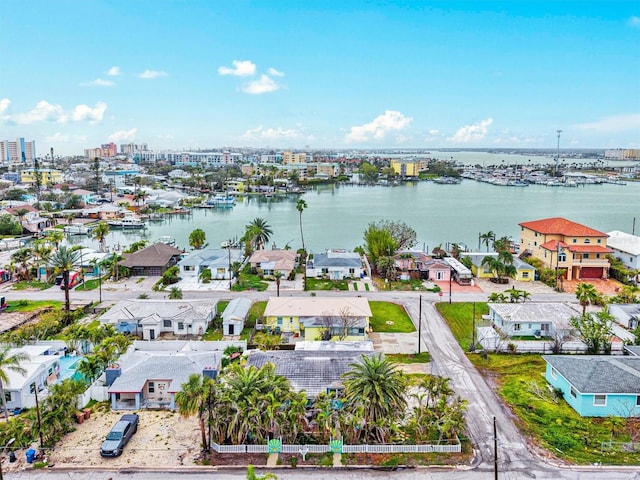 drone / aerial view with a water view