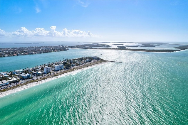 aerial view featuring a water view and a view of the beach