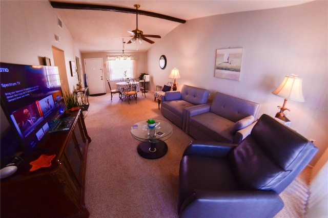 living room with carpet flooring, vaulted ceiling with beams, and ceiling fan