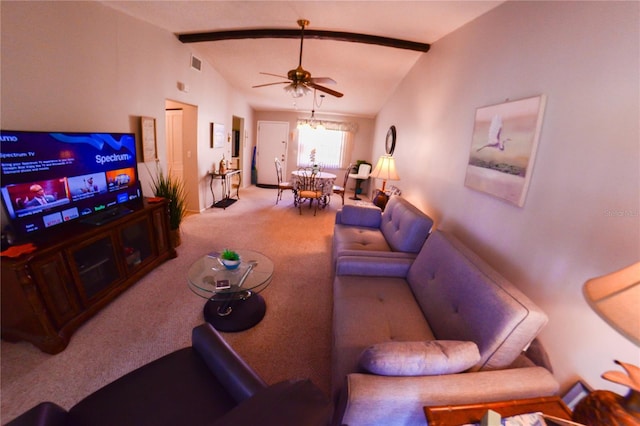 living room featuring visible vents, a ceiling fan, carpet flooring, and vaulted ceiling with beams