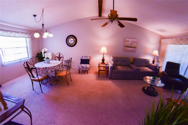 living area featuring lofted ceiling with beams, carpet, and a ceiling fan