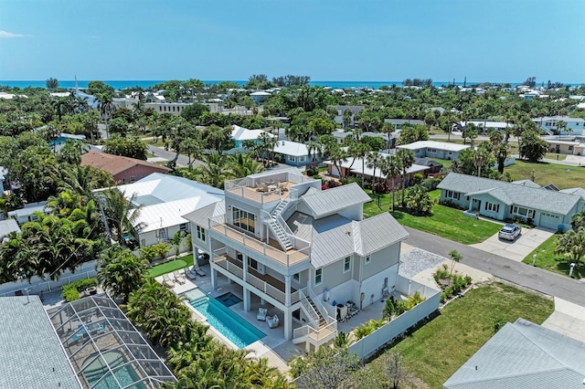 aerial view featuring a water view