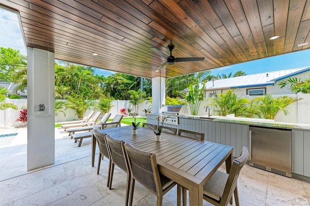 view of patio / terrace with grilling area, a fenced backyard, outdoor dining space, a ceiling fan, and a sink