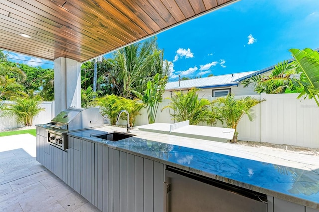 view of patio / terrace with outdoor wet bar, a fenced backyard, area for grilling, a grill, and a sink