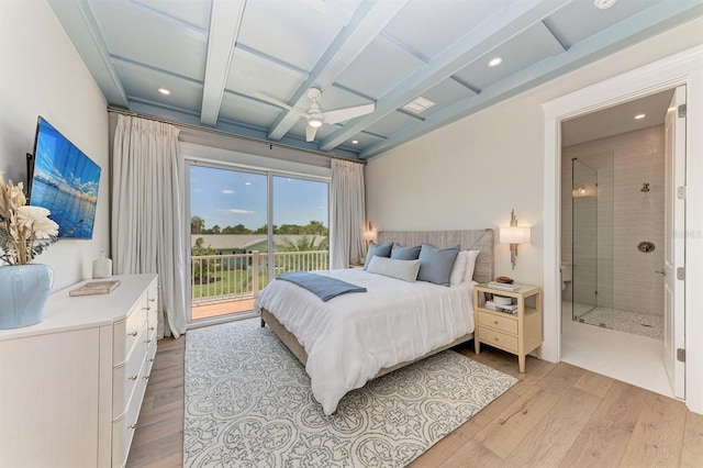 bedroom with beamed ceiling, coffered ceiling, ensuite bath, light wood finished floors, and access to exterior