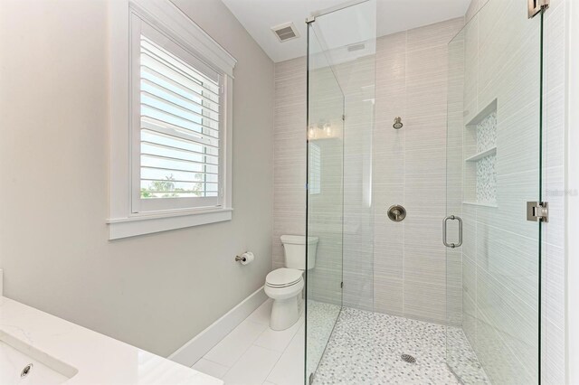 bathroom featuring baseboards, visible vents, a shower stall, tile patterned floors, and toilet