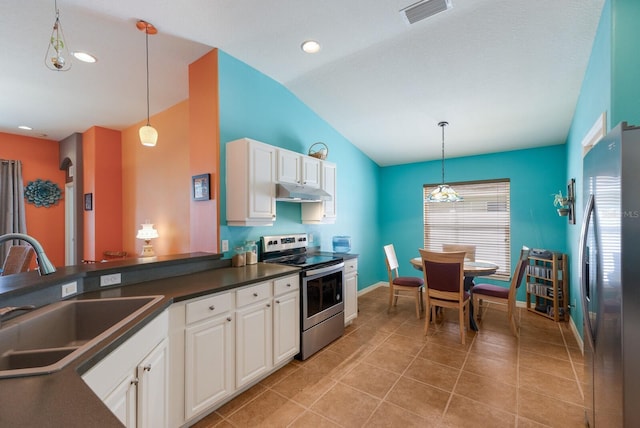 kitchen featuring visible vents, dark countertops, stainless steel appliances, white cabinetry, and a sink