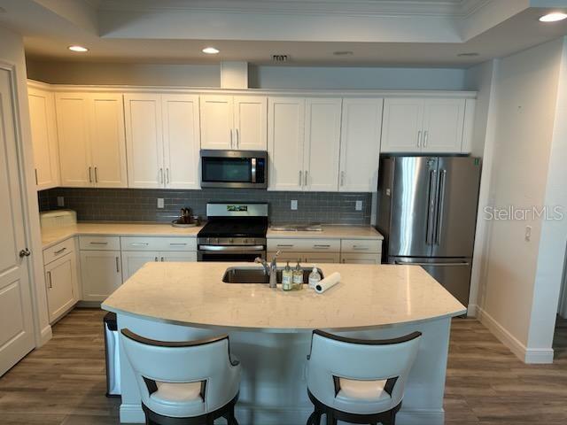 kitchen with recessed lighting, white cabinetry, stainless steel appliances, and a raised ceiling