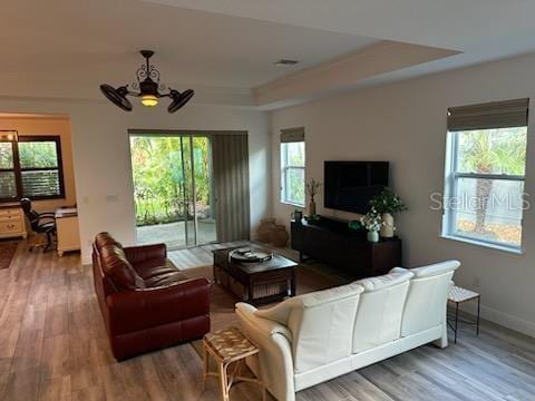 living room featuring a tray ceiling, plenty of natural light, baseboards, and wood finished floors