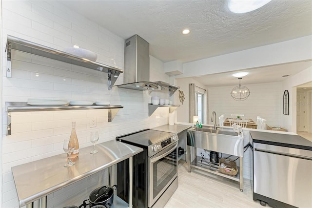 kitchen featuring stainless steel appliances, tasteful backsplash, island range hood, and open shelves