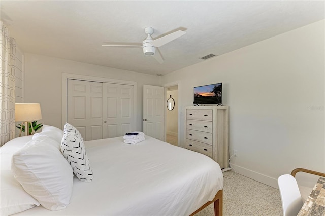 bedroom with a ceiling fan, baseboards, visible vents, and a closet