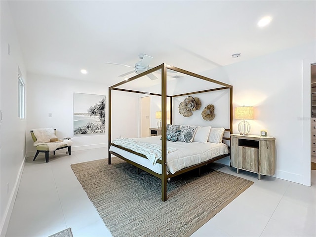 bedroom featuring light tile patterned floors, ceiling fan, baseboards, and recessed lighting