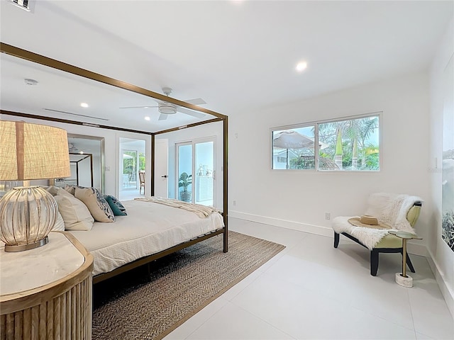 bedroom with access to exterior, baseboards, a ceiling fan, and recessed lighting