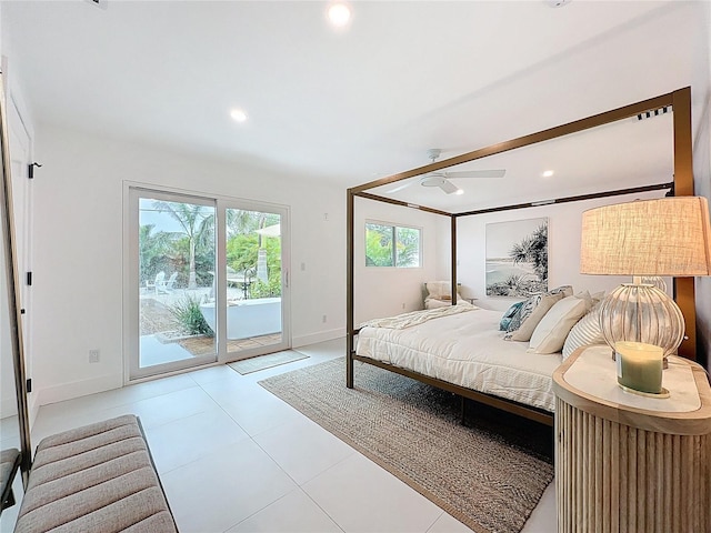 tiled bedroom with baseboards, access to outside, and recessed lighting