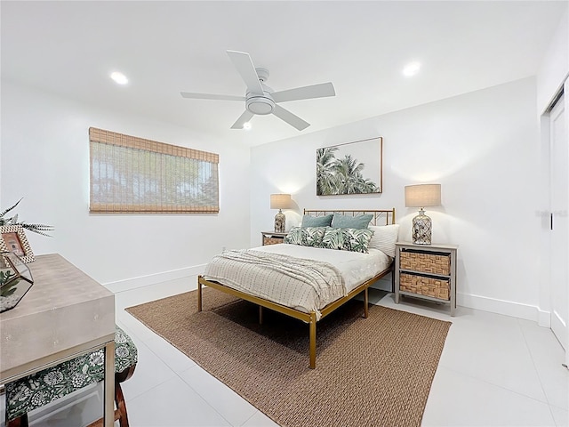 bedroom featuring recessed lighting, tile patterned floors, a ceiling fan, and baseboards