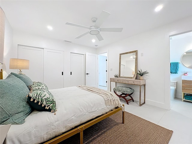 bedroom featuring recessed lighting, visible vents, connected bathroom, ceiling fan, and baseboards