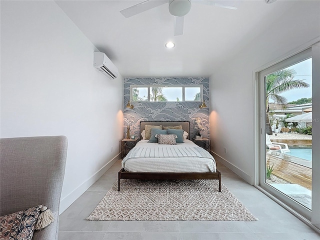 bedroom with access to exterior, an AC wall unit, baseboards, and a ceiling fan