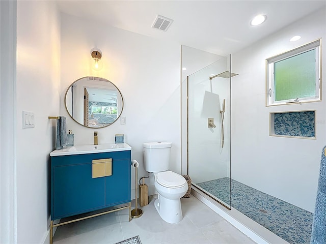 full bathroom with toilet, visible vents, walk in shower, and vanity