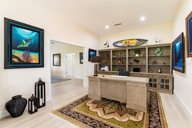 office area featuring visible vents, recessed lighting, light wood-type flooring, and baseboards