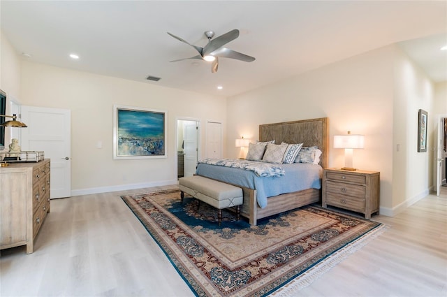 bedroom featuring ceiling fan, baseboards, light wood-style flooring, and recessed lighting