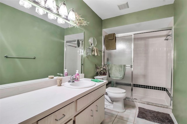 full bathroom with vanity, a shower stall, toilet, and tile patterned floors