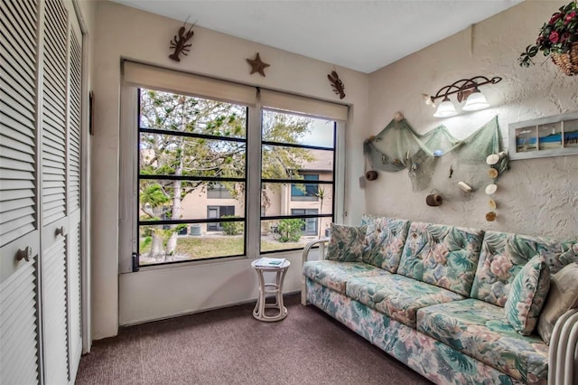 living area featuring carpet flooring and a textured wall