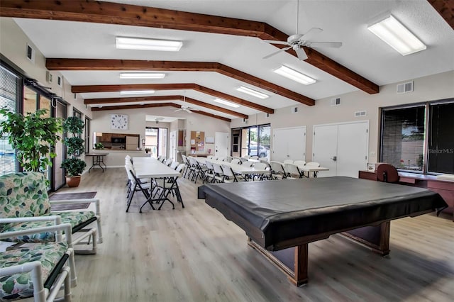 game room featuring billiards, vaulted ceiling with beams, a ceiling fan, and visible vents