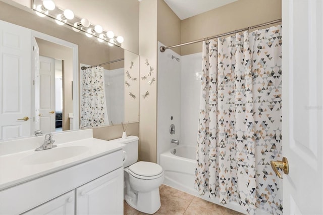 full bathroom featuring vanity, tile patterned floors, toilet, and shower / tub combo with curtain